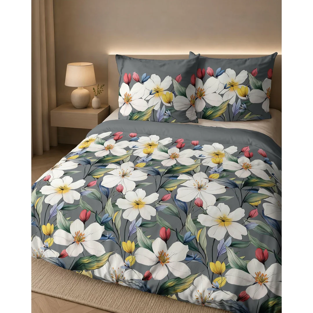 Pościel flanelowa 220x200 grafitowa w białe i żółte kwiaty - 6045 B - Flanela 2026 — zdjęcie 7