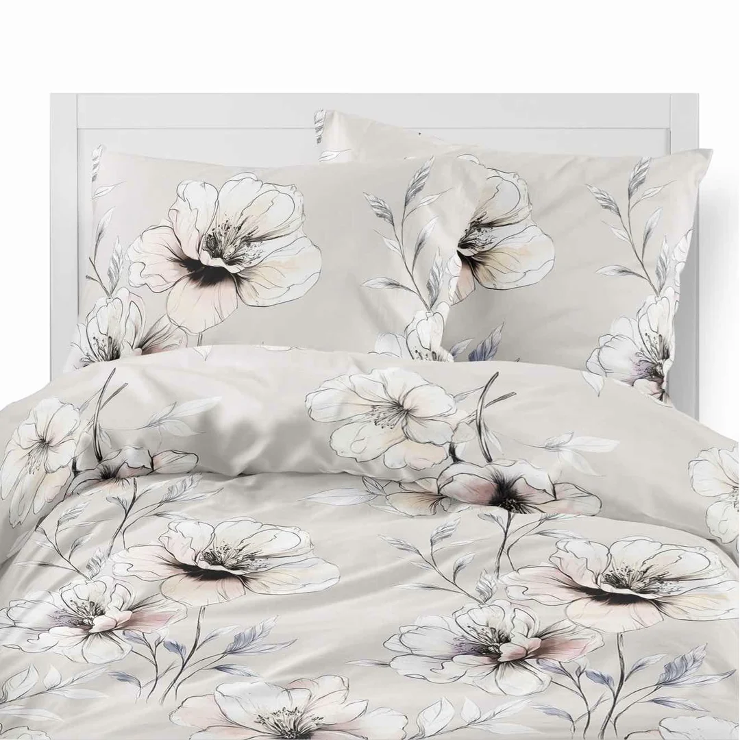 Pościel flanelowa 220x200 beżowa w kwiaty pastelowe - Pastel Flowers - 5637 B — zdjęcie 2