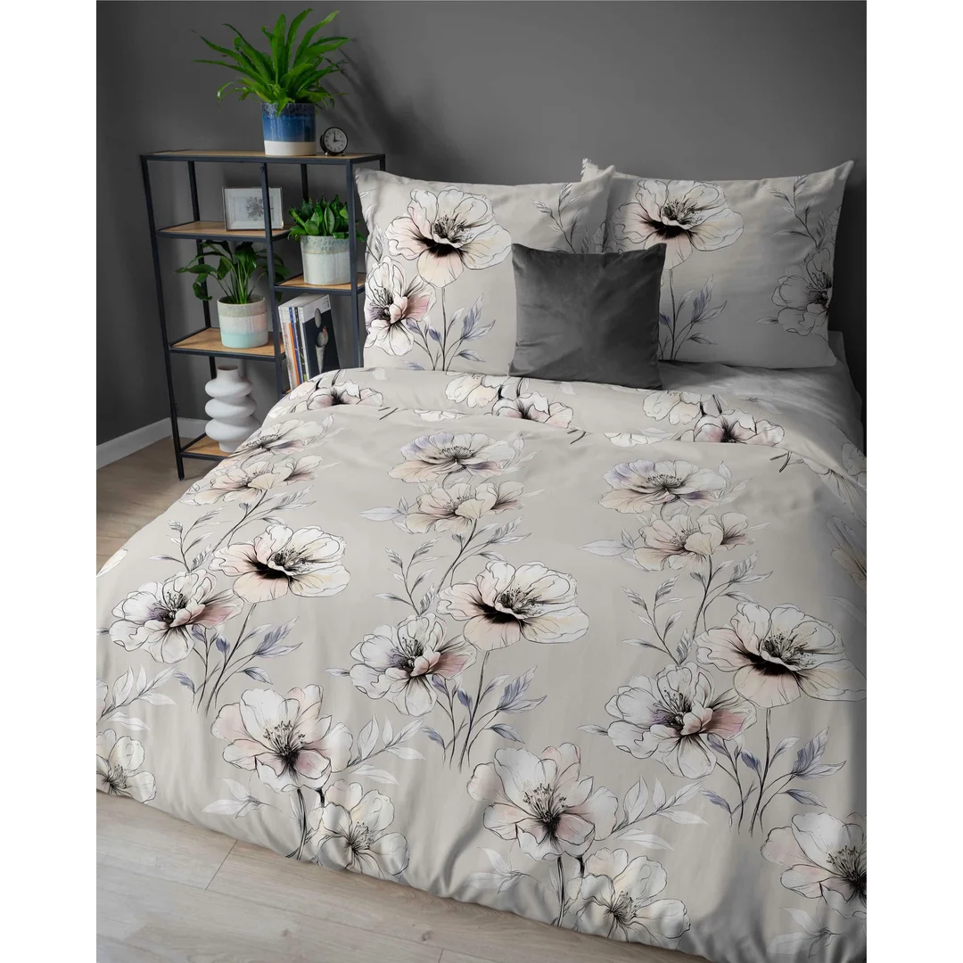 Pościel flanelowa 220x200 beżowa w kwiaty pastelowe - Pastel Flowers - 5637 B — zdjęcie 3