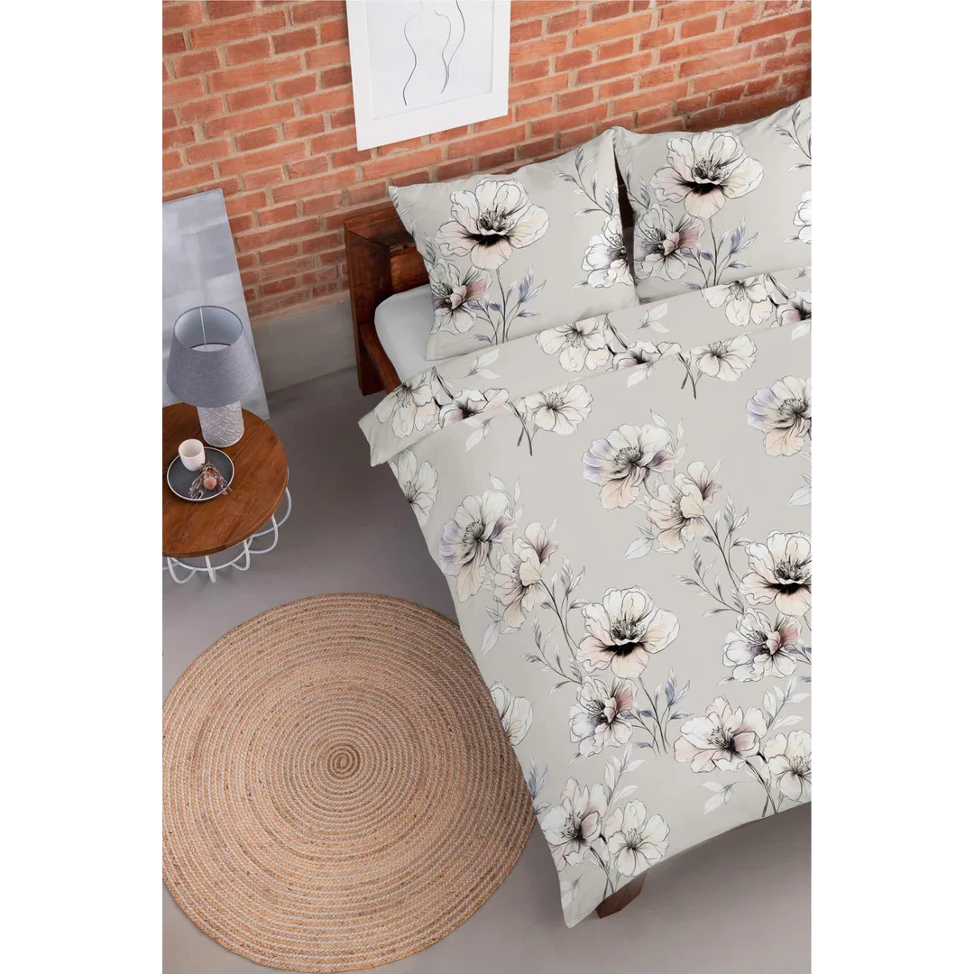 Pościel flanelowa 220x200 beżowa w kwiaty pastelowe - Pastel Flowers - 5637 B — zdjęcie 5