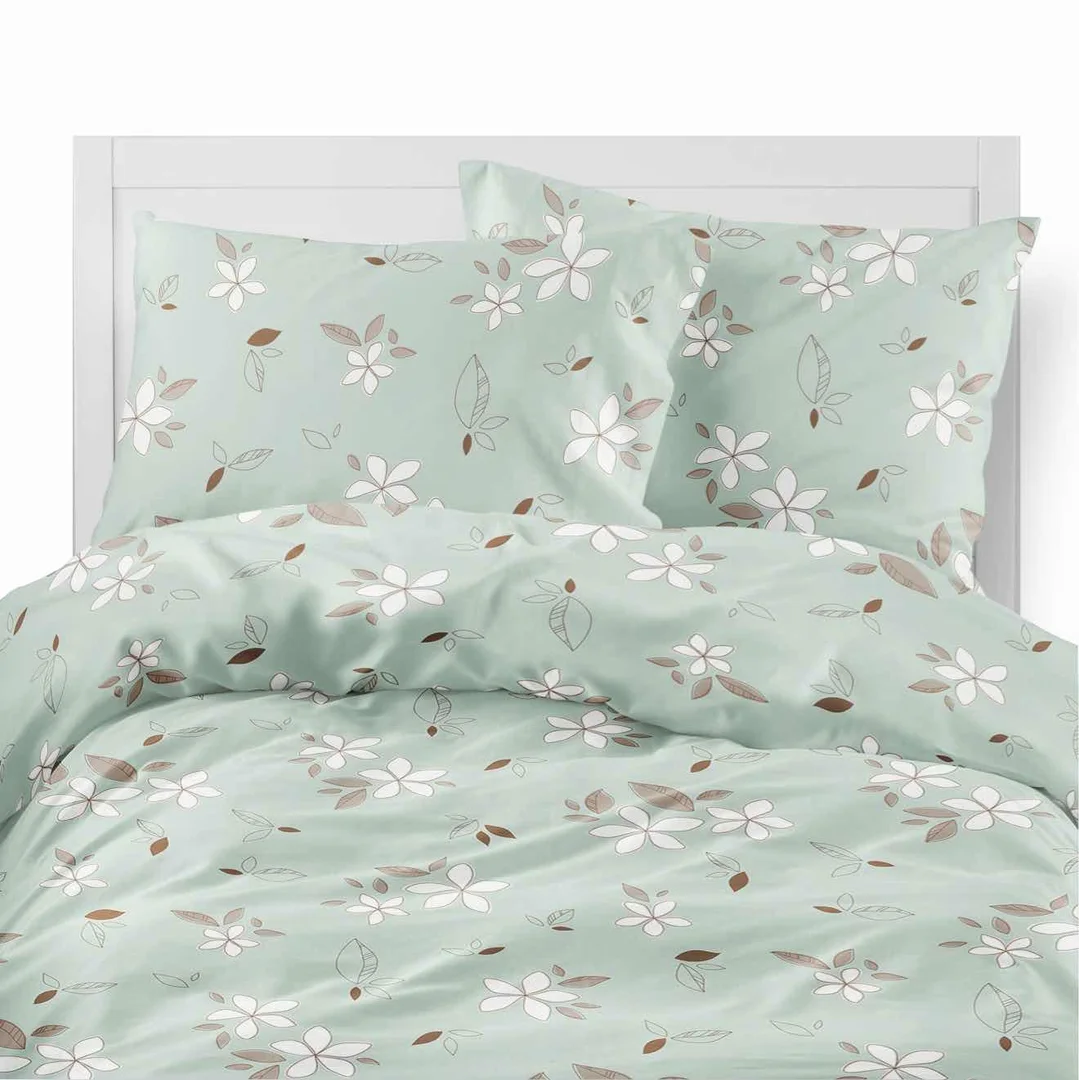Pościel flanelowa 220x200 miętowa w białe kwiaty i liście - Pastel Flowers - 5632 B — zdjęcie 2