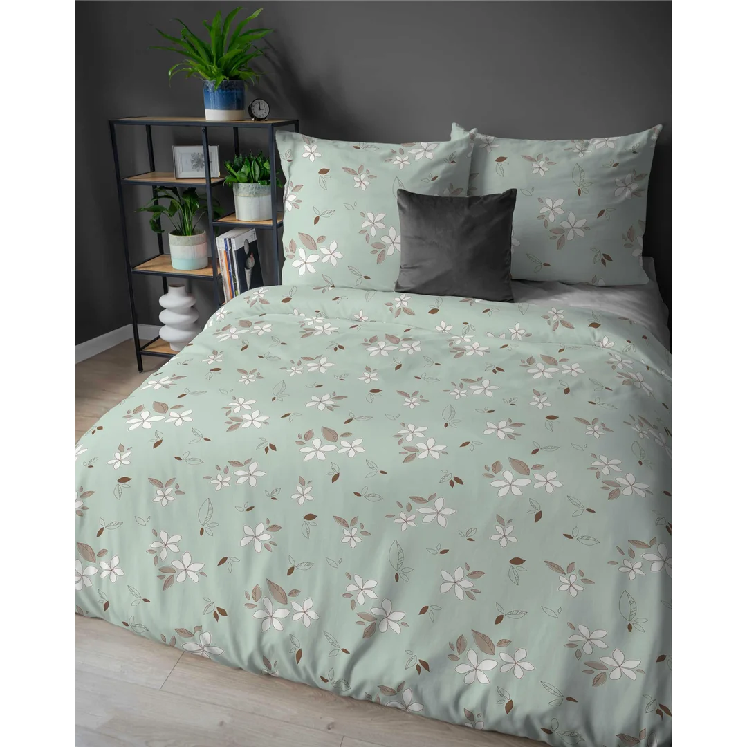 Pościel flanelowa 220x200 miętowa w białe kwiaty i liście - Pastel Flowers - 5632 B — zdjęcie 3