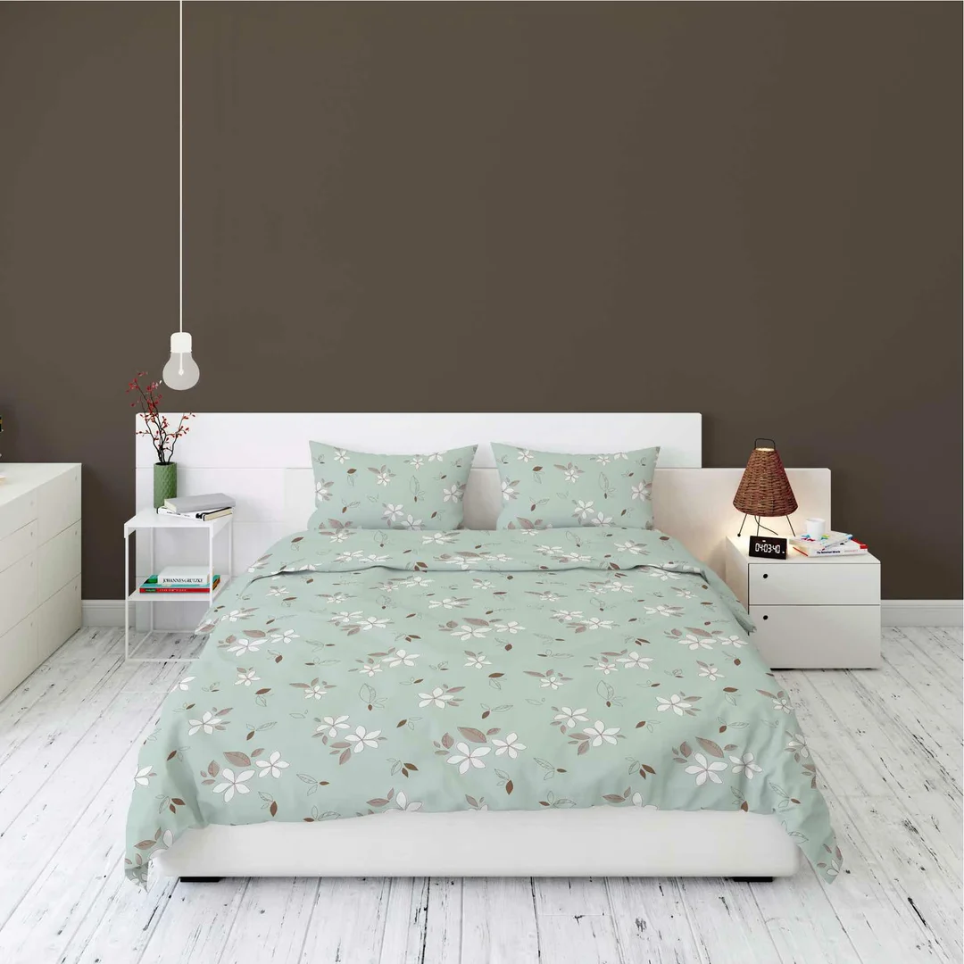 Pościel flanelowa 220x200 miętowa w białe kwiaty i liście - Pastel Flowers - 5632 B — zdjęcie 4