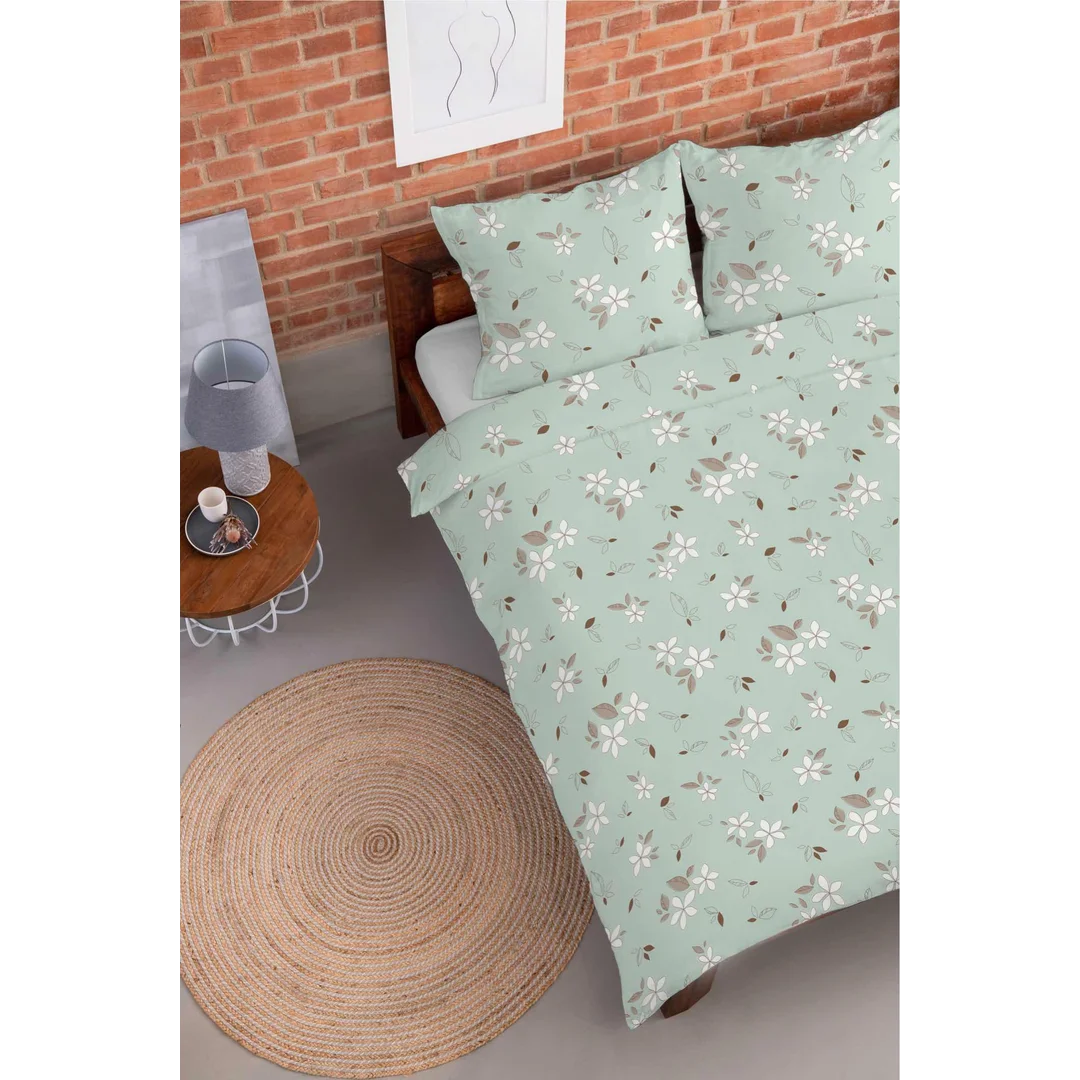 Pościel flanelowa 220x200 miętowa w białe kwiaty i liście - Pastel Flowers - 5632 B — zdjęcie 5