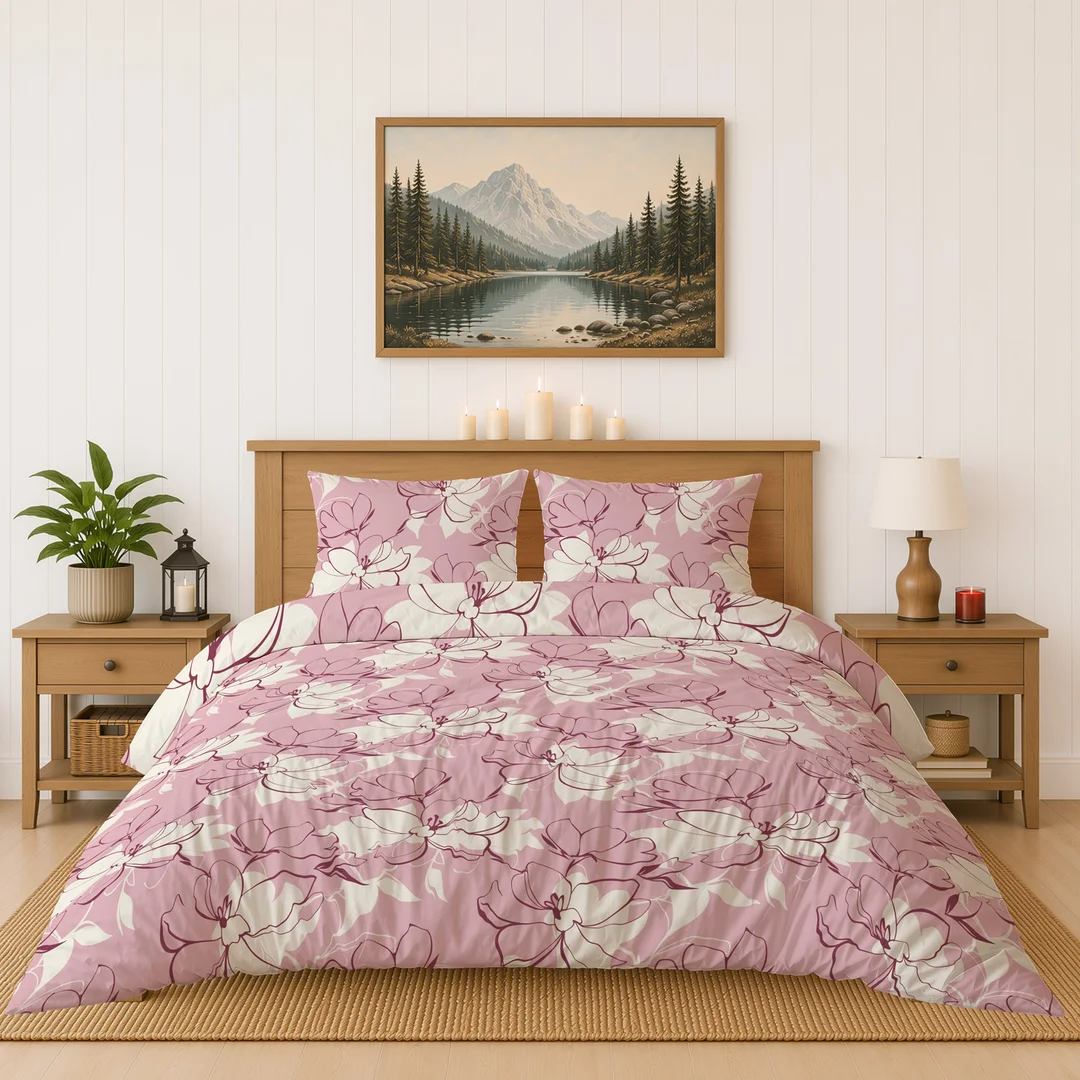 Pościel flanelowa 220x200 pudroworóżowa w kwiaty i gałązki - 6042 A - Flanela 2026 — zdjęcie 3
