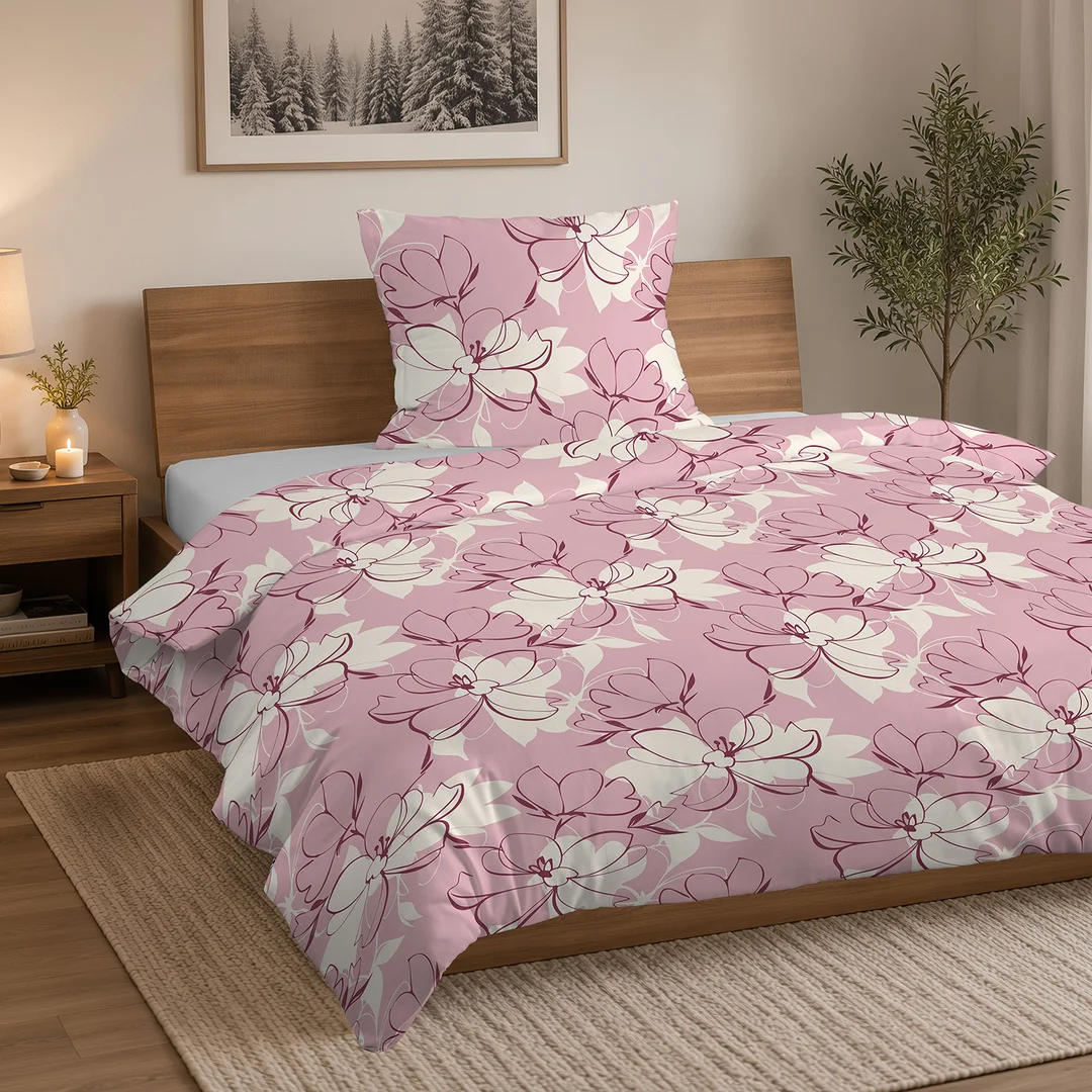 Pościel flanelowa 220x200 pudroworóżowa w kwiaty i gałązki - 6042 A - Flanela 2026 — zdjęcie 4