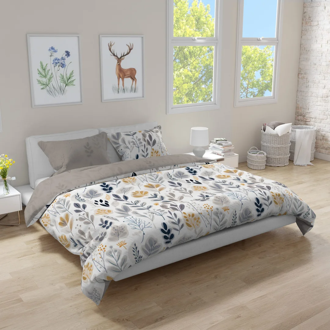Pościel flanelowa 220x200 Pure Flannel 019 beżowa szara liście Faro — zdjęcie 2