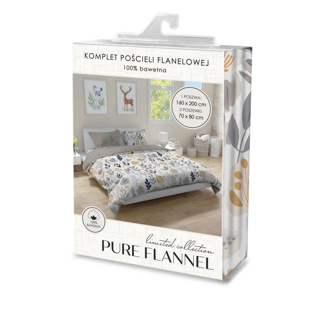Pościel flanelowa 220x200 Pure Flannel 019 beżowa szara liście Faro — zdjęcie 4