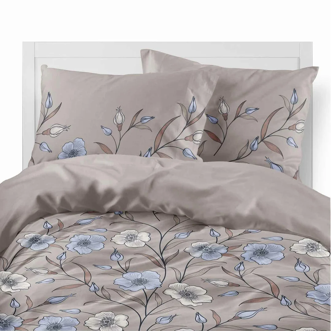 Pościel flanelowa 220x200 taupe w polne kwiaty błękitne - Pastel Flowers - 5633 A — zdjęcie 2
