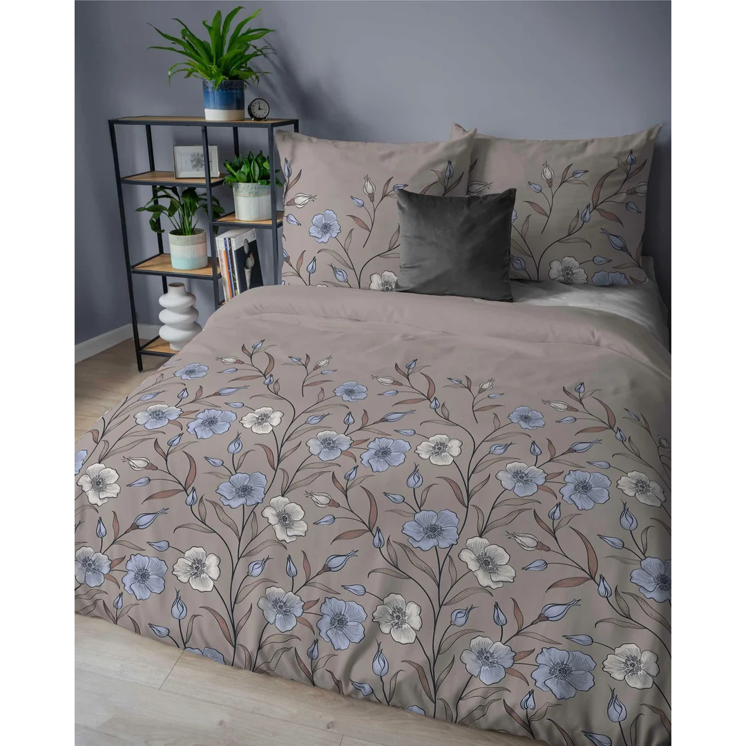 Pościel flanelowa 220x200 taupe w polne kwiaty błękitne - Pastel Flowers - 5633 A — zdjęcie 3