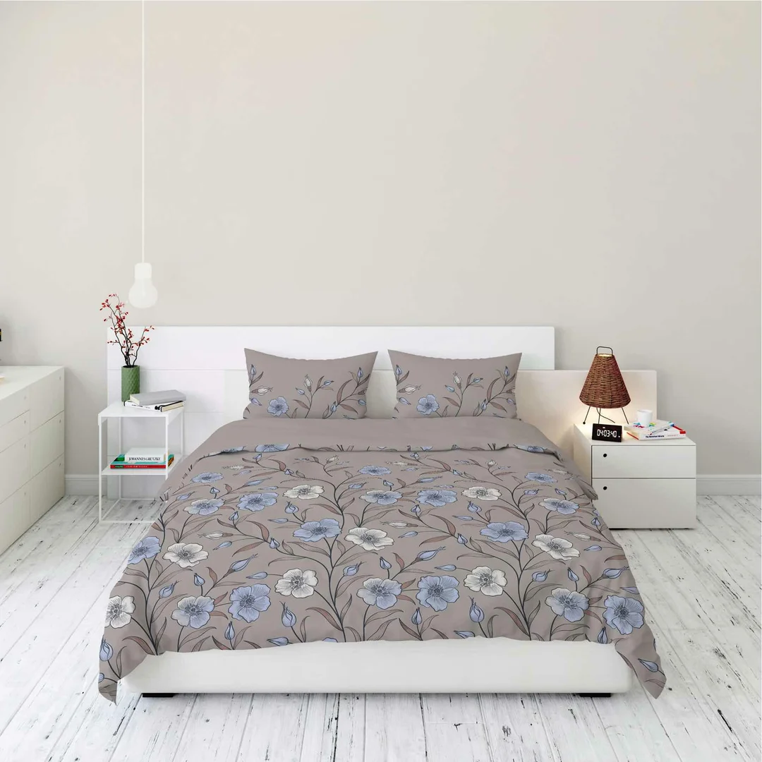 Pościel flanelowa 220x200 taupe w polne kwiaty błękitne - Pastel Flowers - 5633 A — zdjęcie 4
