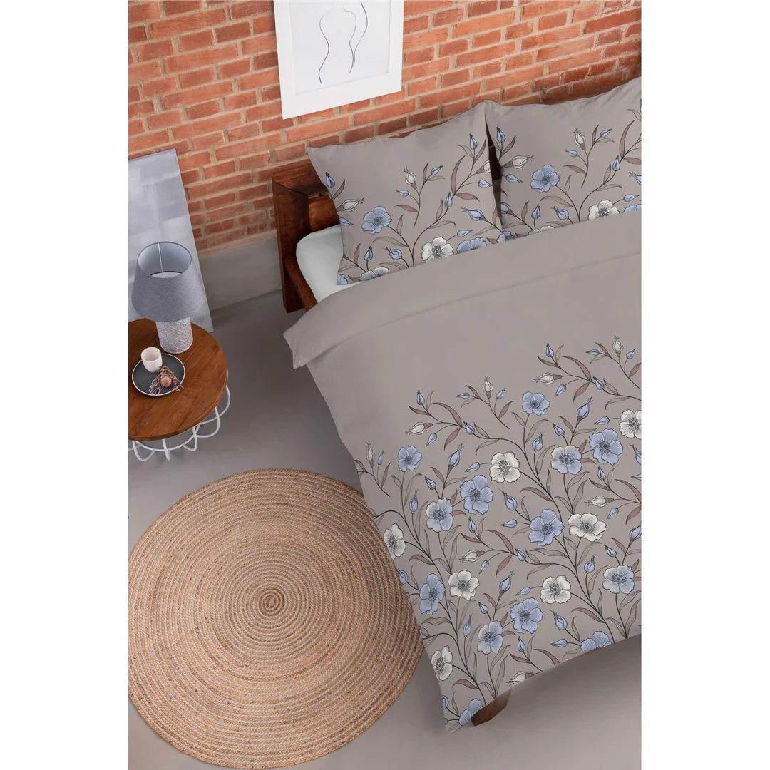 Pościel flanelowa 220x200 taupe w polne kwiaty błękitne - Pastel Flowers - 5633 A — zdjęcie 5