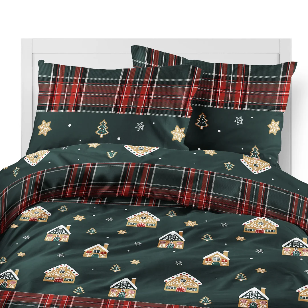 Pościel flanelowa świąteczna 140x200 ciemnozielona w domki, choinki i kratę - 6031 B - Flanela 2026 — zdjęcie 6