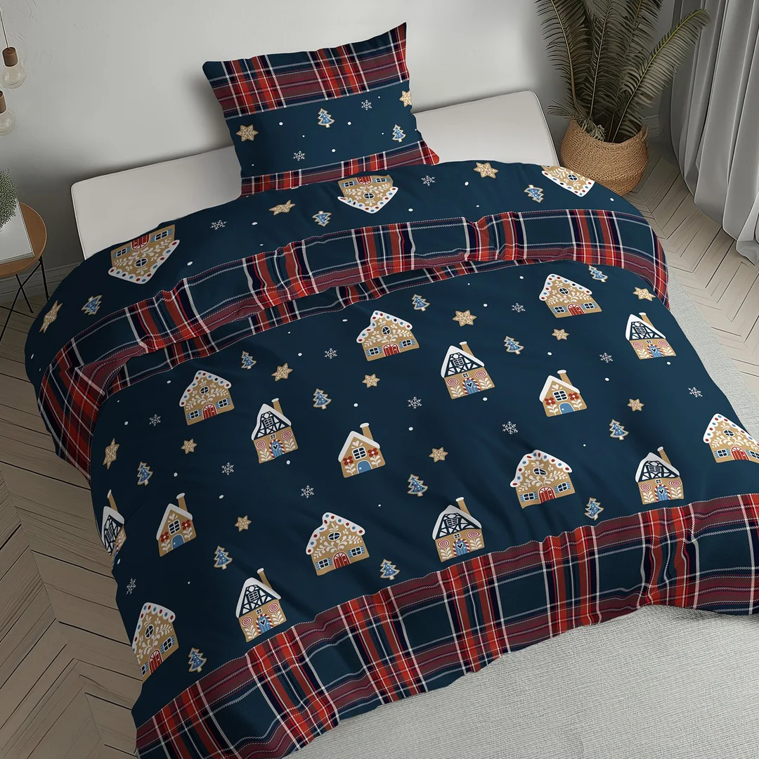 Pościel flanelowa świąteczna 140x200 granatowa w domki, choinki i kratę - 6031 A - Flanela 2026 — zdjęcie 5