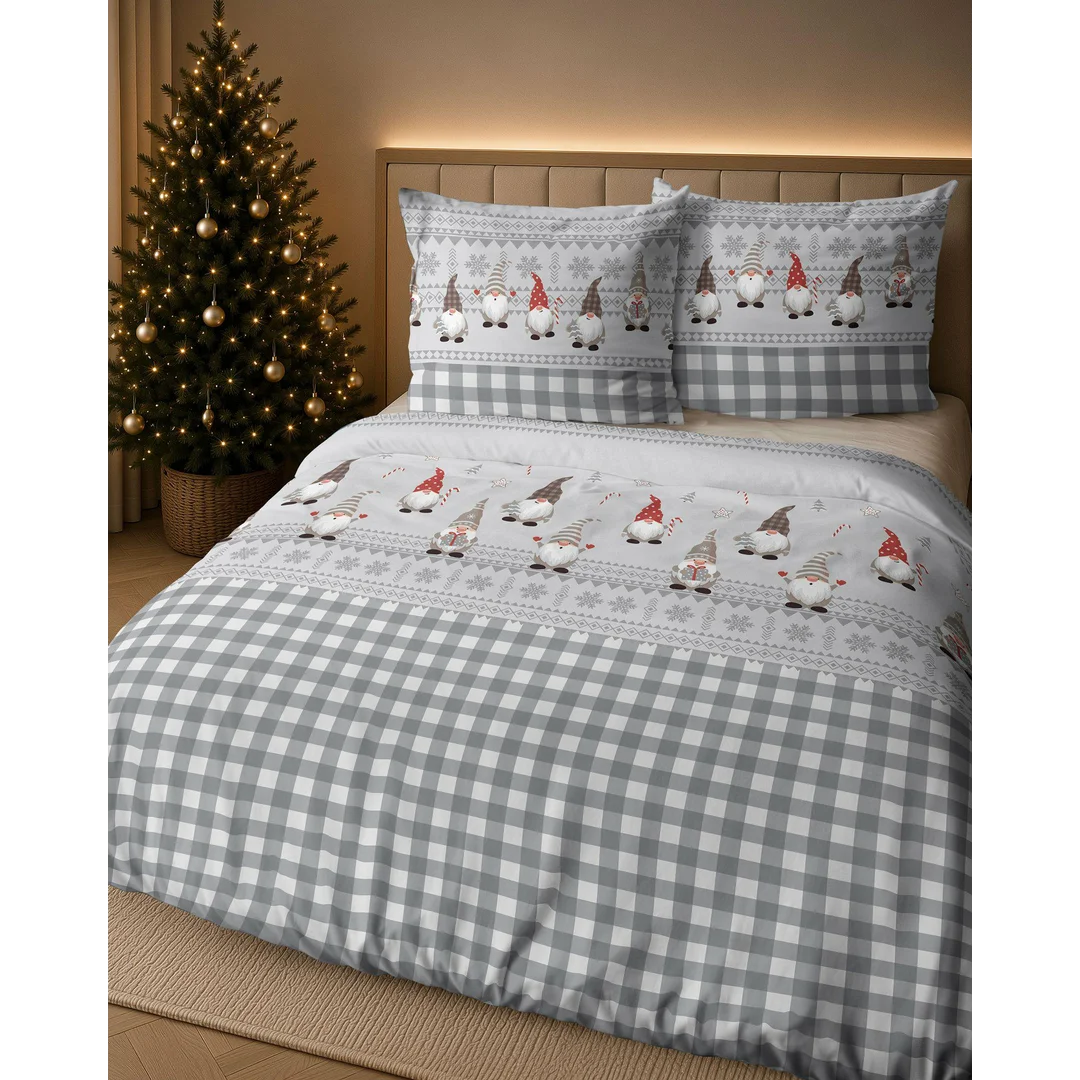 Pościel flanelowa świąteczna 140x200 szara w skrzaty i kratę - 6034 B - Flanela 2026 — zdjęcie 7