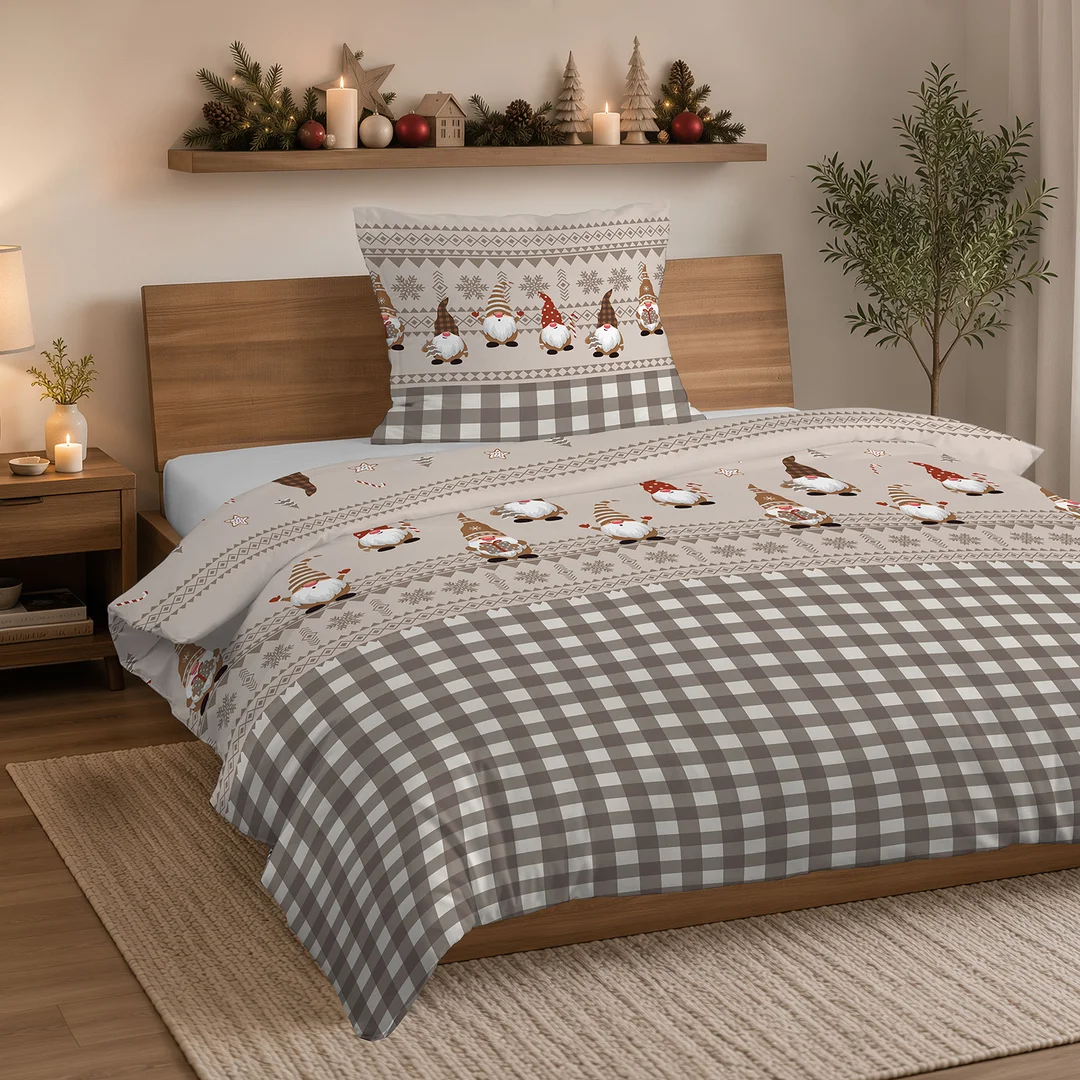 Pościel flanelowa świąteczna 160x200 beżowa w skrzaty i kratę - 6034 A - Flanela 2026 — zdjęcie 4