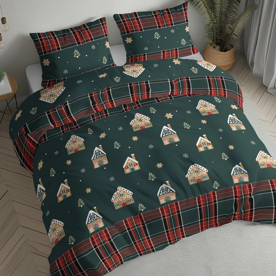 Pościel flanelowa świąteczna 160x200 ciemnozielona w domki, choinki i kratę - 6031 B - Flanela 2026 — zdjęcie 2
