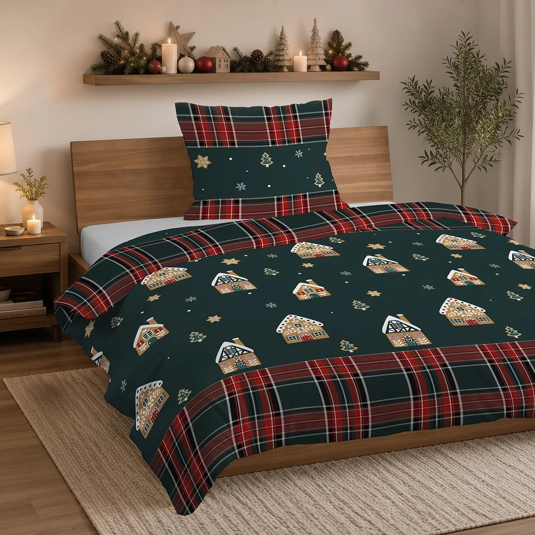 Pościel flanelowa świąteczna 160x200 ciemnozielona w domki, choinki i kratę - 6031 B - Flanela 2026 — zdjęcie 4