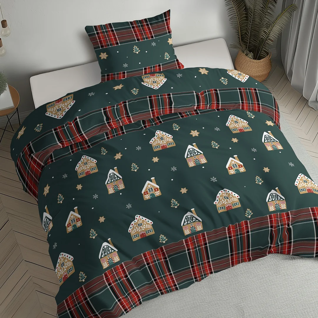 Pościel flanelowa świąteczna 160x200 ciemnozielona w domki, choinki i kratę - 6031 B - Flanela 2026 — zdjęcie 5