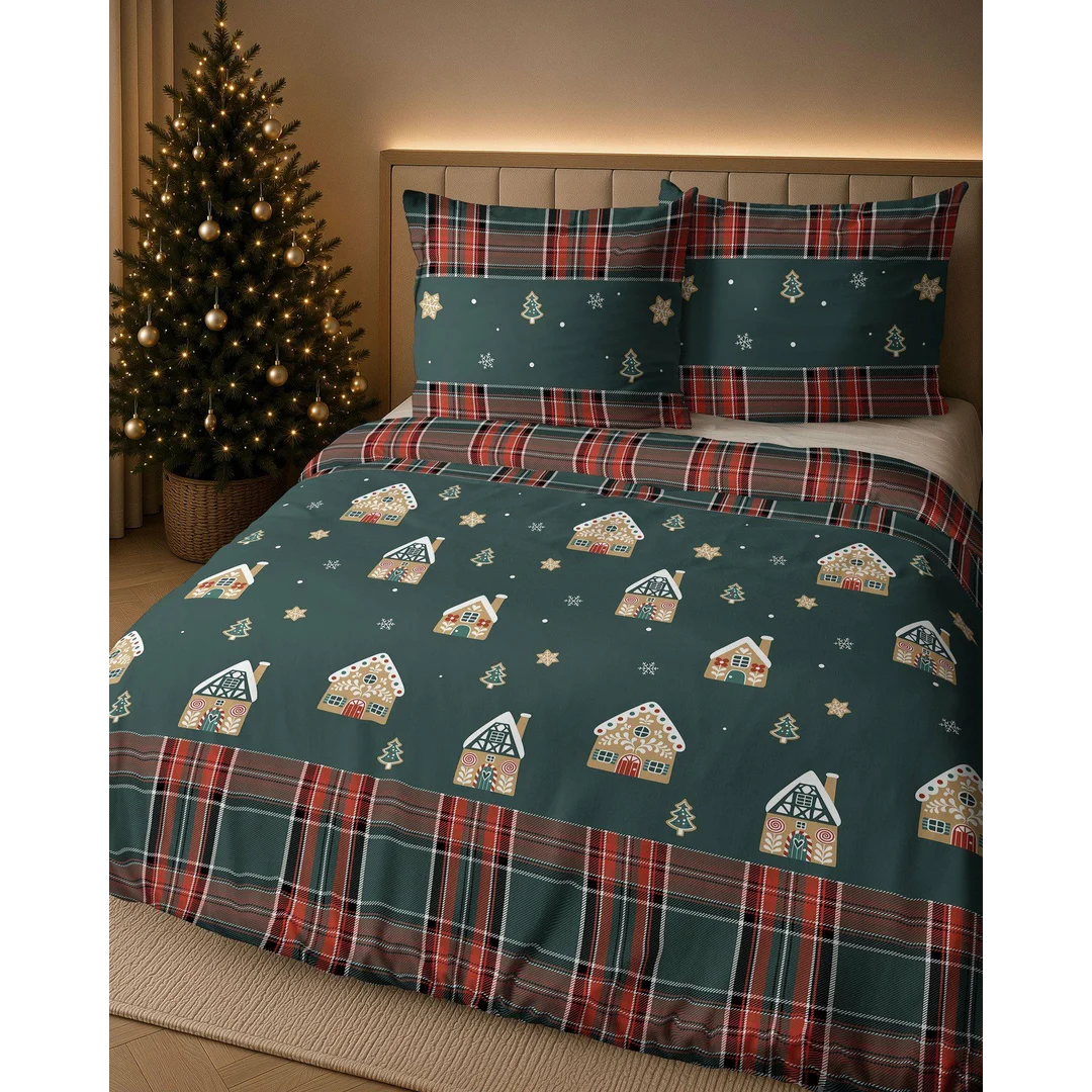 Pościel flanelowa świąteczna 160x200 ciemnozielona w domki, choinki i kratę - 6031 B - Flanela 2026 — zdjęcie 7