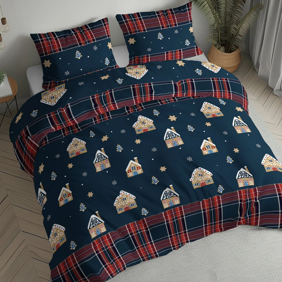Pościel flanelowa świąteczna 160x200 granatowa w domki, choinki i kratę - 6031 A - Flanela 2026 — zdjęcie 2