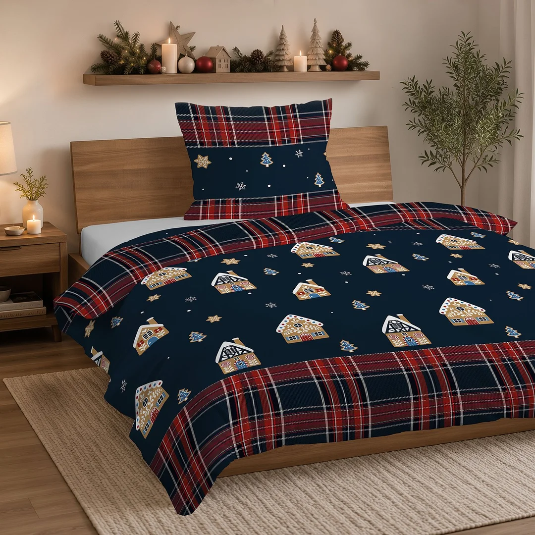 Pościel flanelowa świąteczna 160x200 granatowa w domki, choinki i kratę - 6031 A - Flanela 2026 — zdjęcie 4