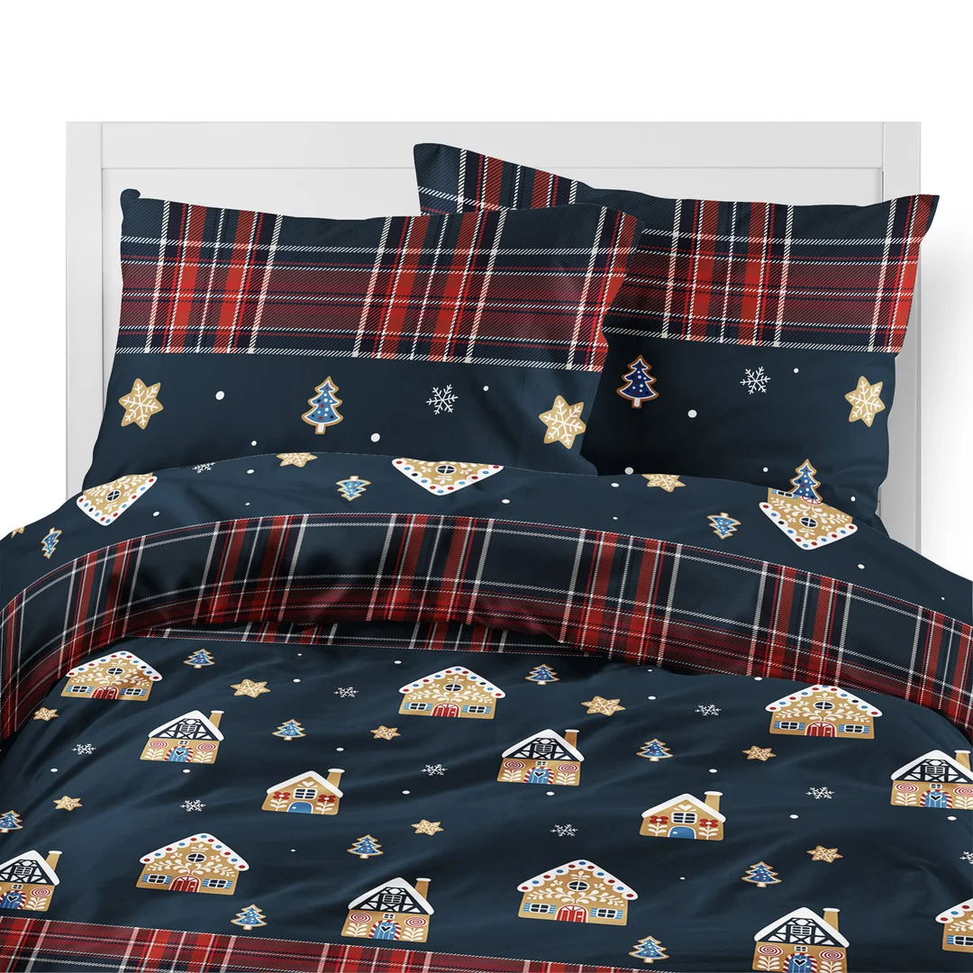 Pościel flanelowa świąteczna 160x200 granatowa w domki, choinki i kratę - 6031 A - Flanela 2026 — zdjęcie 6