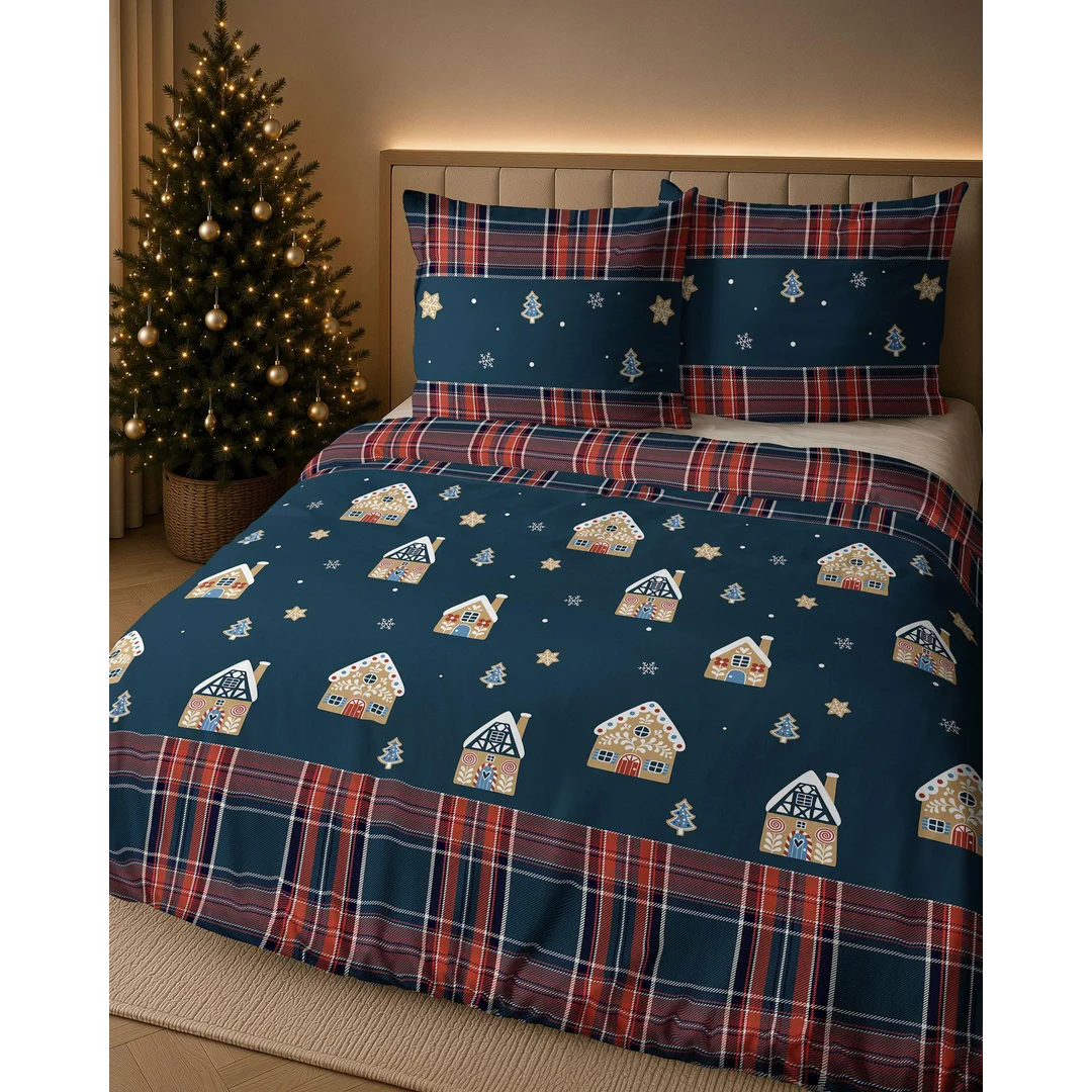Pościel flanelowa świąteczna 160x200 granatowa w domki, choinki i kratę - 6031 A - Flanela 2026 — zdjęcie 7