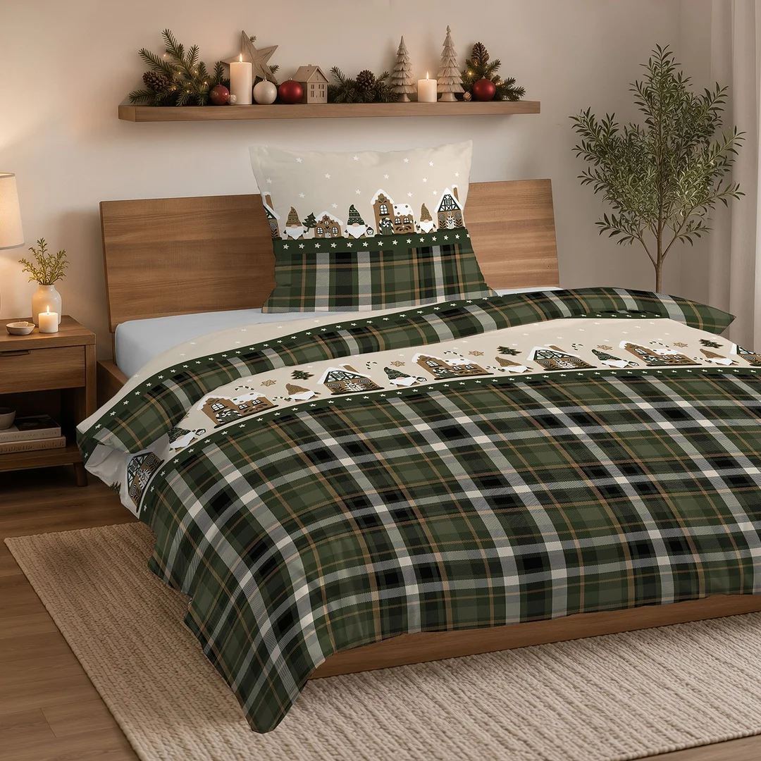Pościel flanelowa świąteczna 160x200 kremowa zielona w domki i kratę - 6030 B - Flanela 2026 — zdjęcie 4