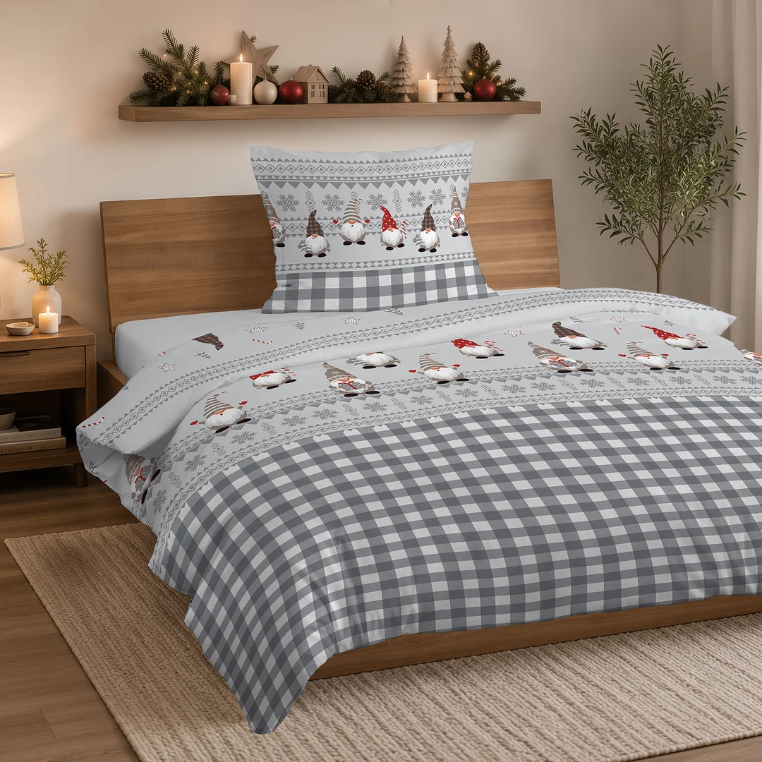 Pościel flanelowa świąteczna 160x200 szara w skrzaty i kratę - 6034 B - Flanela 2026 — zdjęcie 4