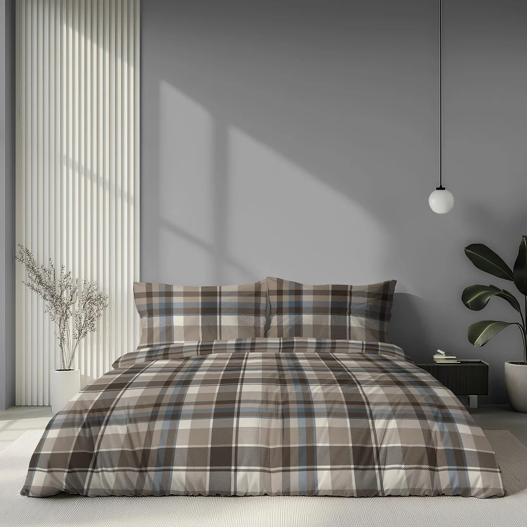 Pościel satynowa 140x200 beżowa brązowa szara w kratę - 6072 B - Home Satin — zdjęcie 4
