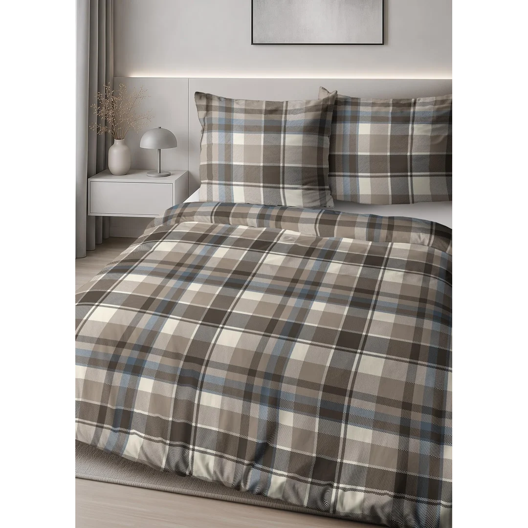 Pościel satynowa 140x200 beżowa brązowa szara w kratę - 6072 B - Home Satin — zdjęcie 5