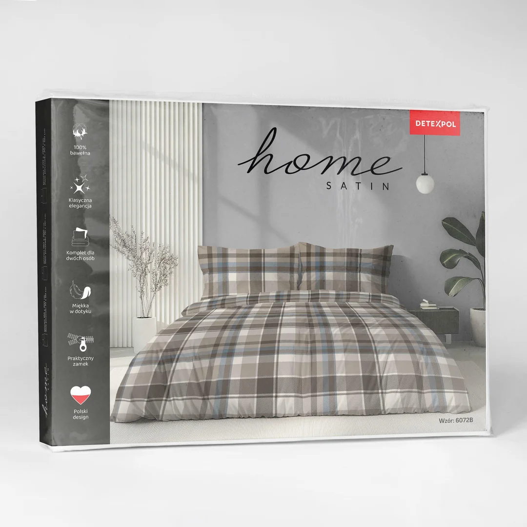 Pościel satynowa 140x200 beżowa brązowa szara w kratę - 6072 B - Home Satin — zdjęcie 6