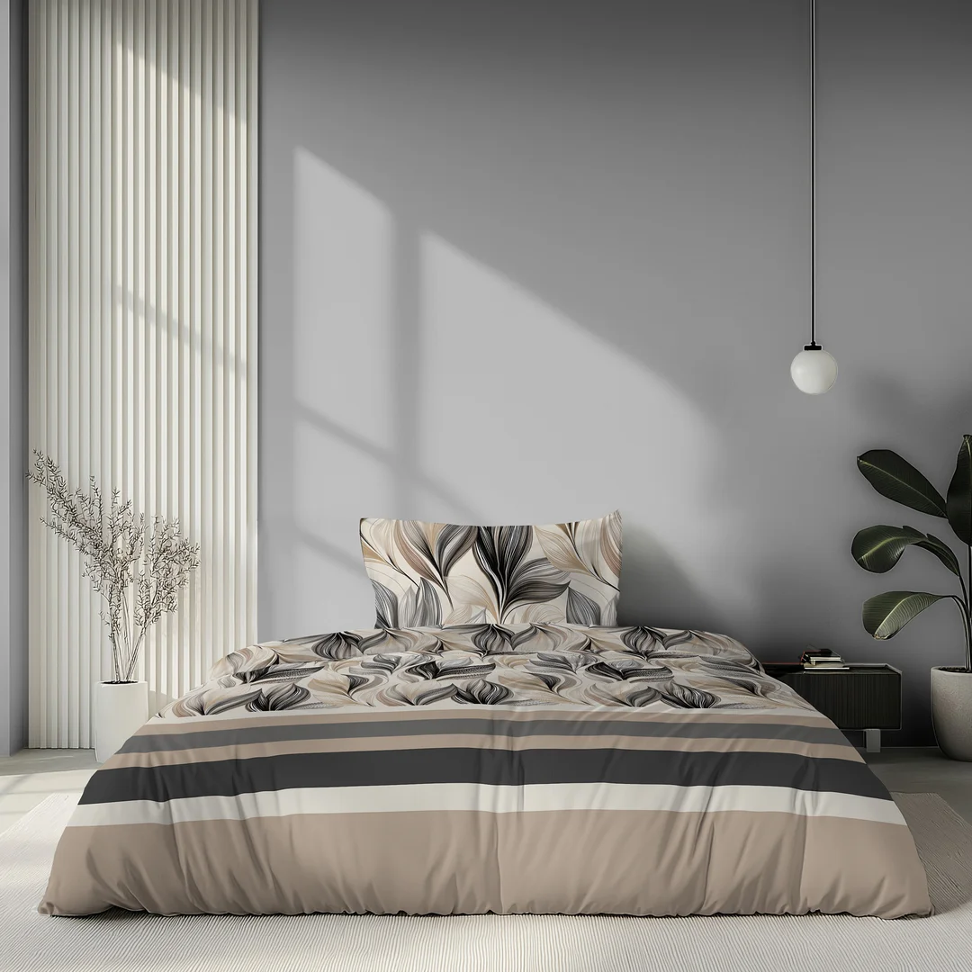 Pościel satynowa 140x200 beżowa czarna w liście i pasy - 6066 A - Home Satin — zdjęcie 2