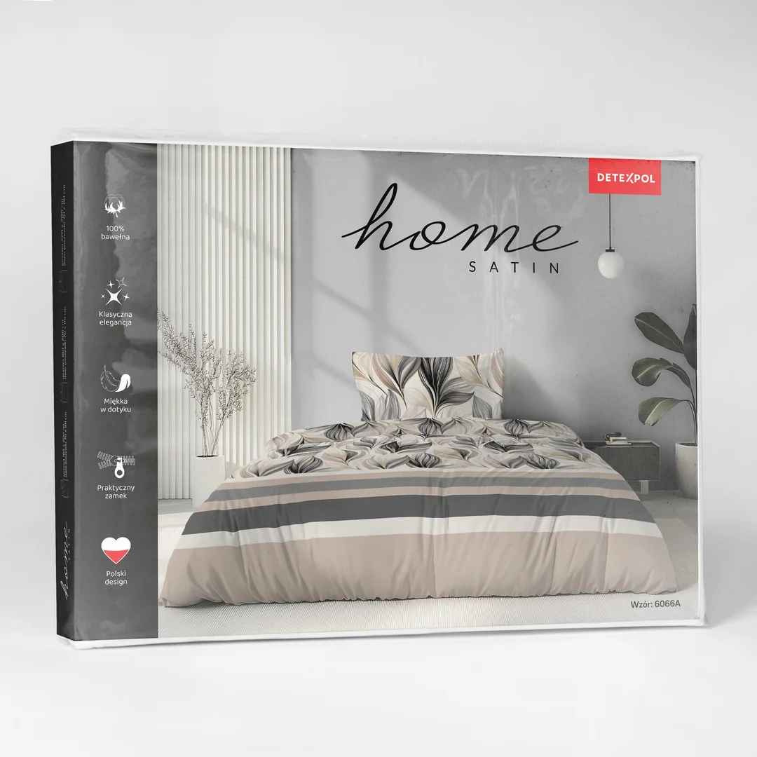 Pościel satynowa 140x200 beżowa czarna w liście i pasy - 6066 A - Home Satin — zdjęcie 3