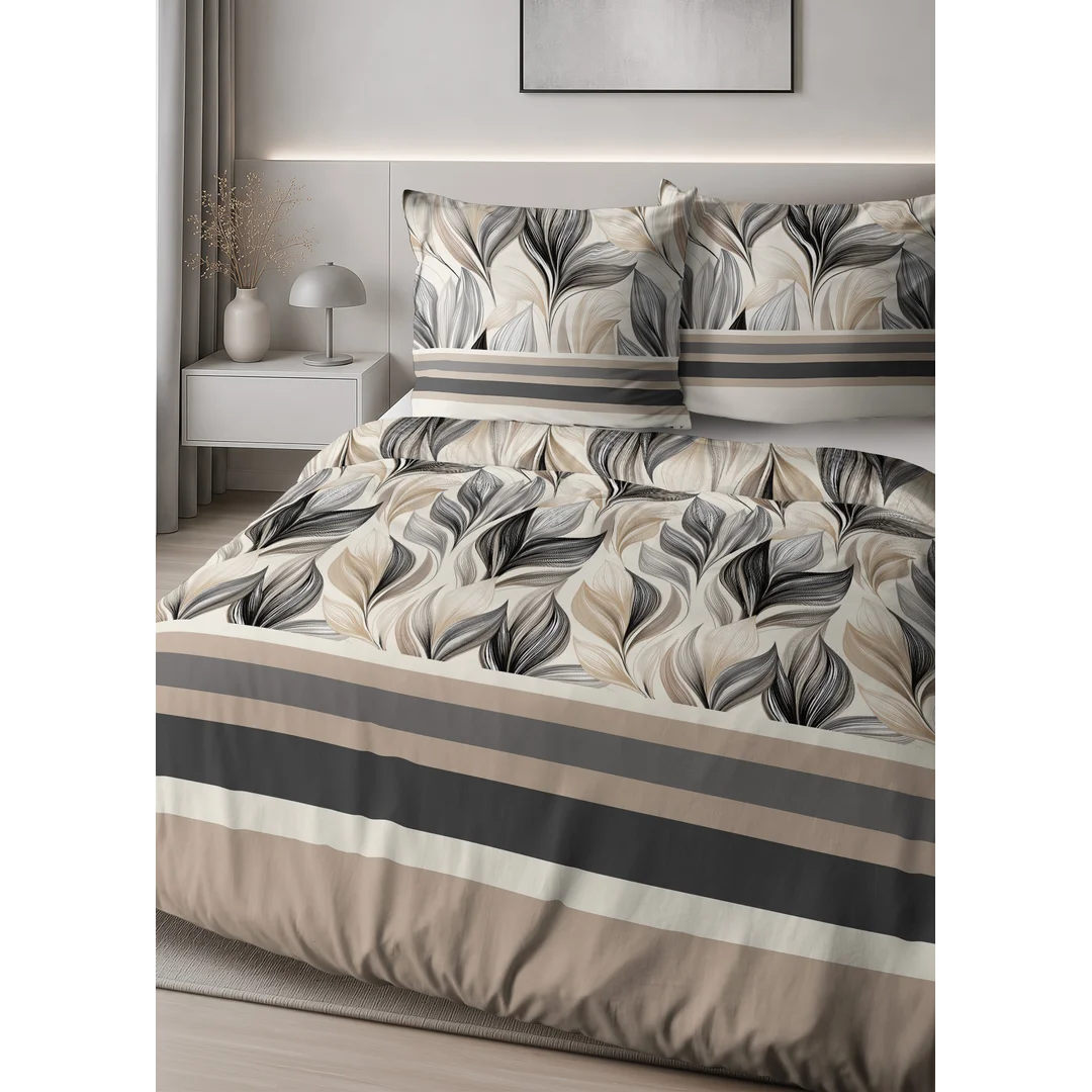 Pościel satynowa 140x200 beżowa czarna w liście i pasy - 6066 A - Home Satin — zdjęcie 5