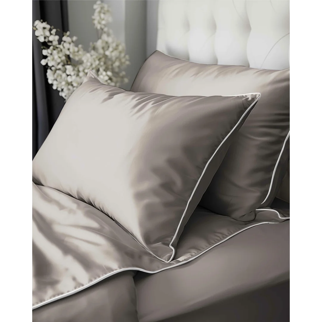 Pościel satynowa 140x200 beżowa z lamówką z jedną poszewką 70x90 Mako Satin 62/2 — zdjęcie 5