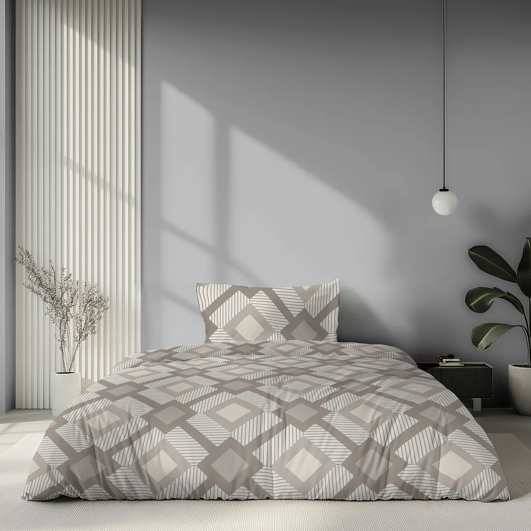 Pościel satynowa 140x200 biała beżowa w geometryczne romby - 6068 B - Home Satin — zdjęcie 2