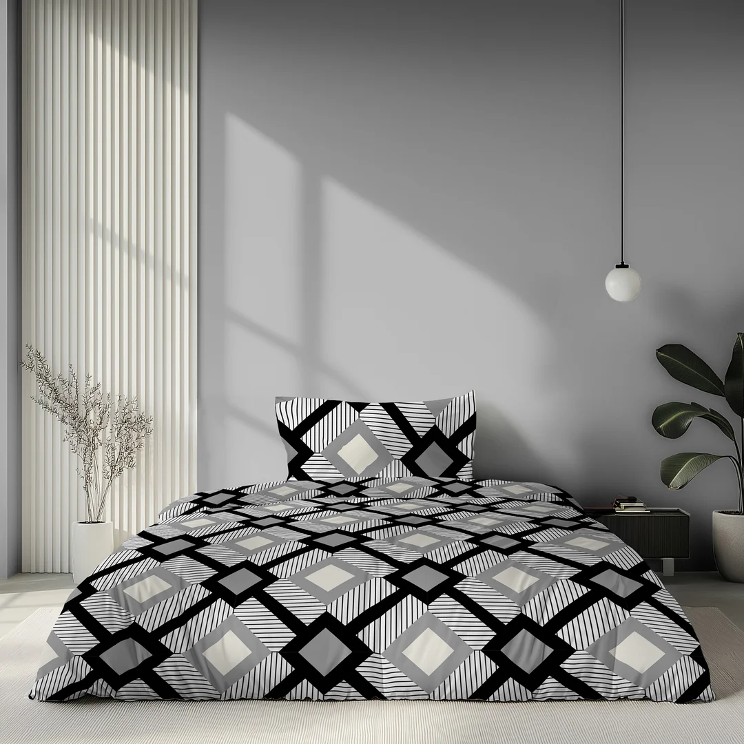 Pościel satynowa 140x200 biała czarna szara w geometryczne romby - 6068 A - Home Satin — zdjęcie 2