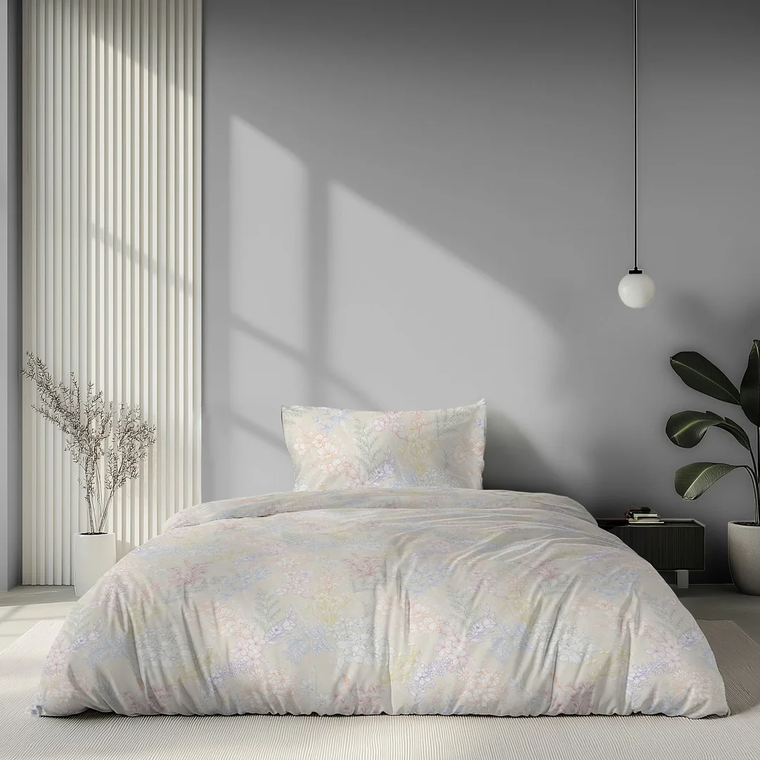 Pościel satynowa 140x200 biała w pastelowy roślinny wzór - 6064 A - Home Satin — zdjęcie 2