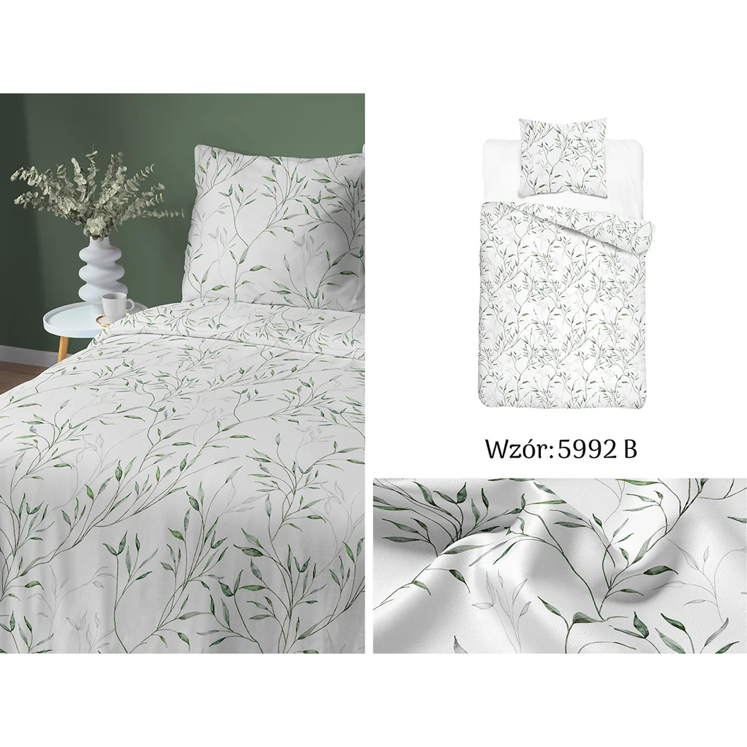 Pościel satynowa 140x200 biała w zielone liście - 5992 B - Home Satin — zdjęcie 3