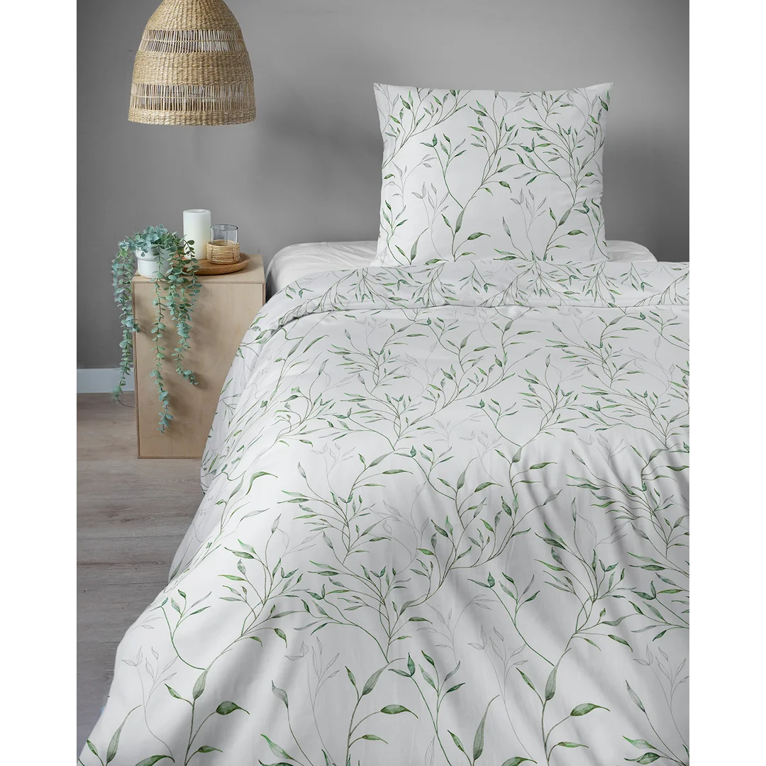 Pościel satynowa 140x200 biała w zielone liście - 5992 B - Home Satin — zdjęcie 4
