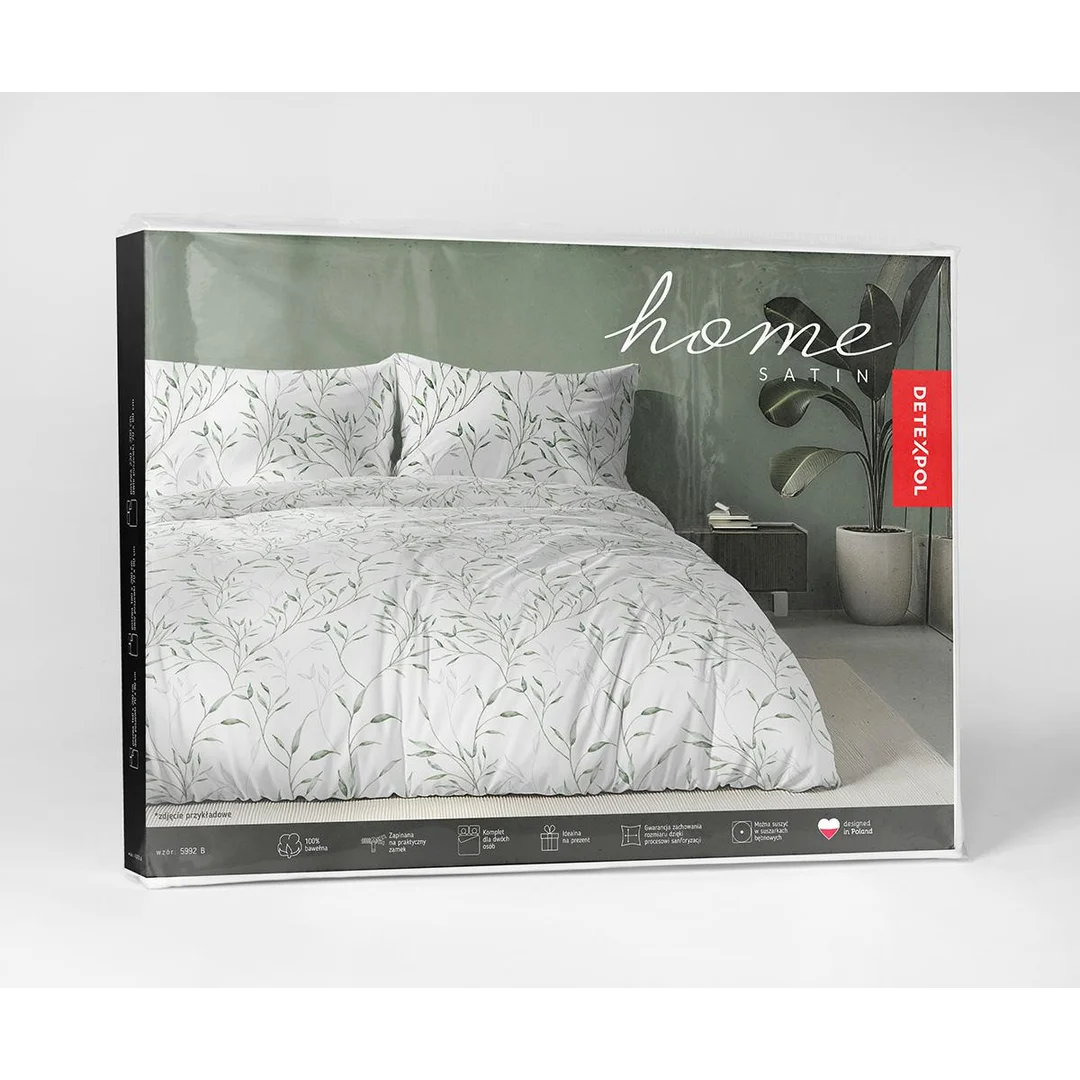 Pościel satynowa 140x200 biała w zielone liście - 5992 B - Home Satin — zdjęcie 5
