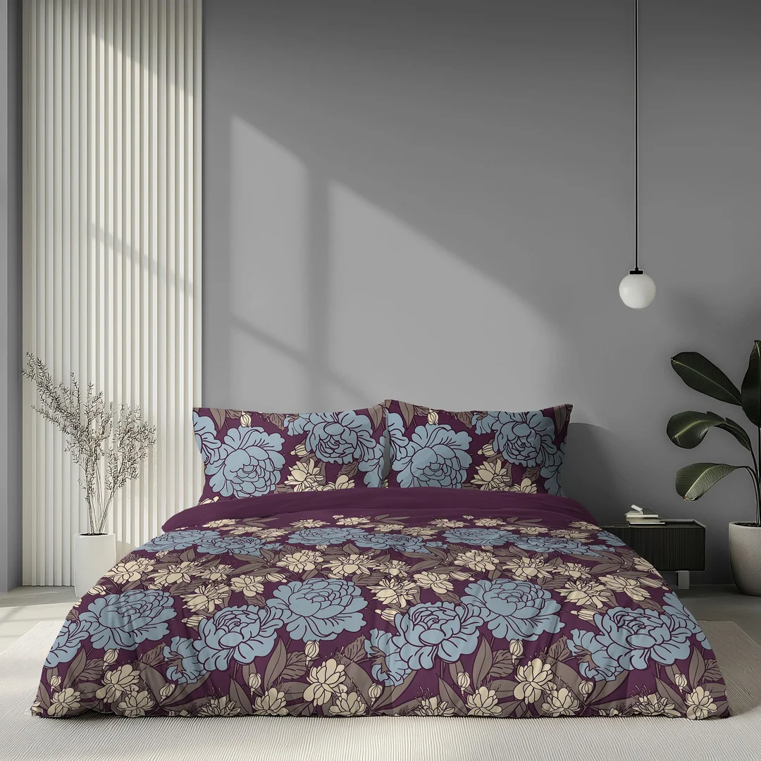 Pościel satynowa 140x200 bordowa w niebieskie beżowe kwiaty - 6065 B - Home Satin — zdjęcie 4