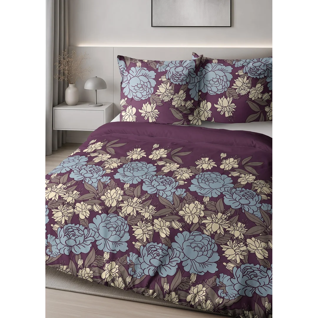 Pościel satynowa 140x200 bordowa w niebieskie beżowe kwiaty - 6065 B - Home Satin — zdjęcie 5