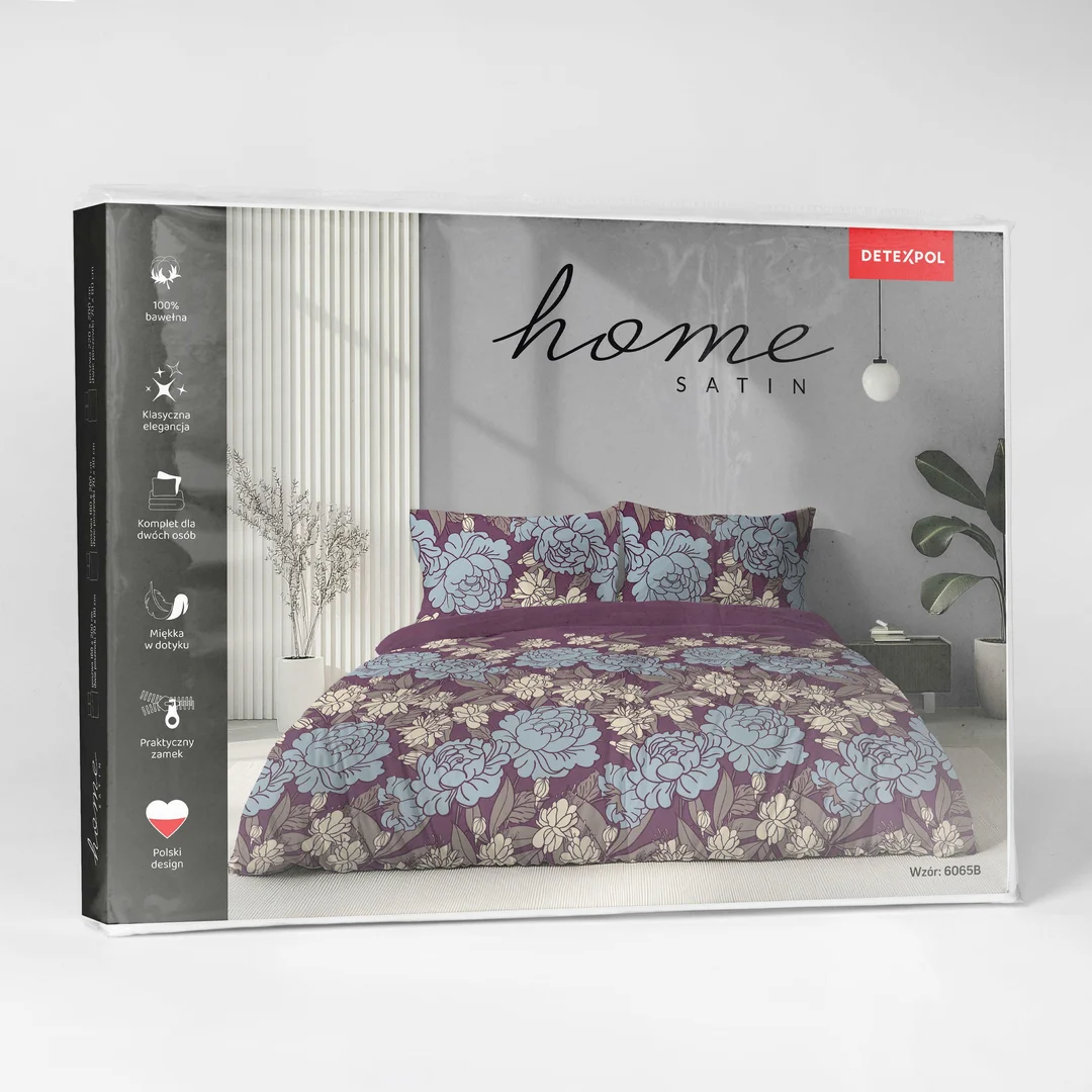Pościel satynowa 140x200 bordowa w niebieskie beżowe kwiaty - 6065 B - Home Satin — zdjęcie 6