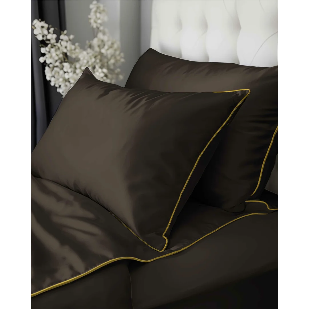 Pościel satynowa 140x200 brązowa espresso z lamówką z jedną poszewką 70x80 Mako Satin 62 — zdjęcie 4