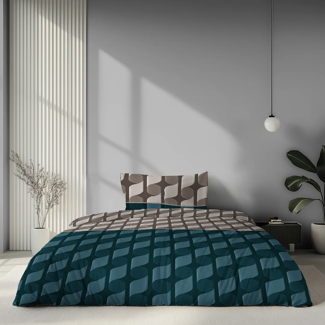 Pościel satynowa 140x200 brązowa turkusowa w geometryczną plecionkę - 6067 A - Home Satin — zdjęcie 2