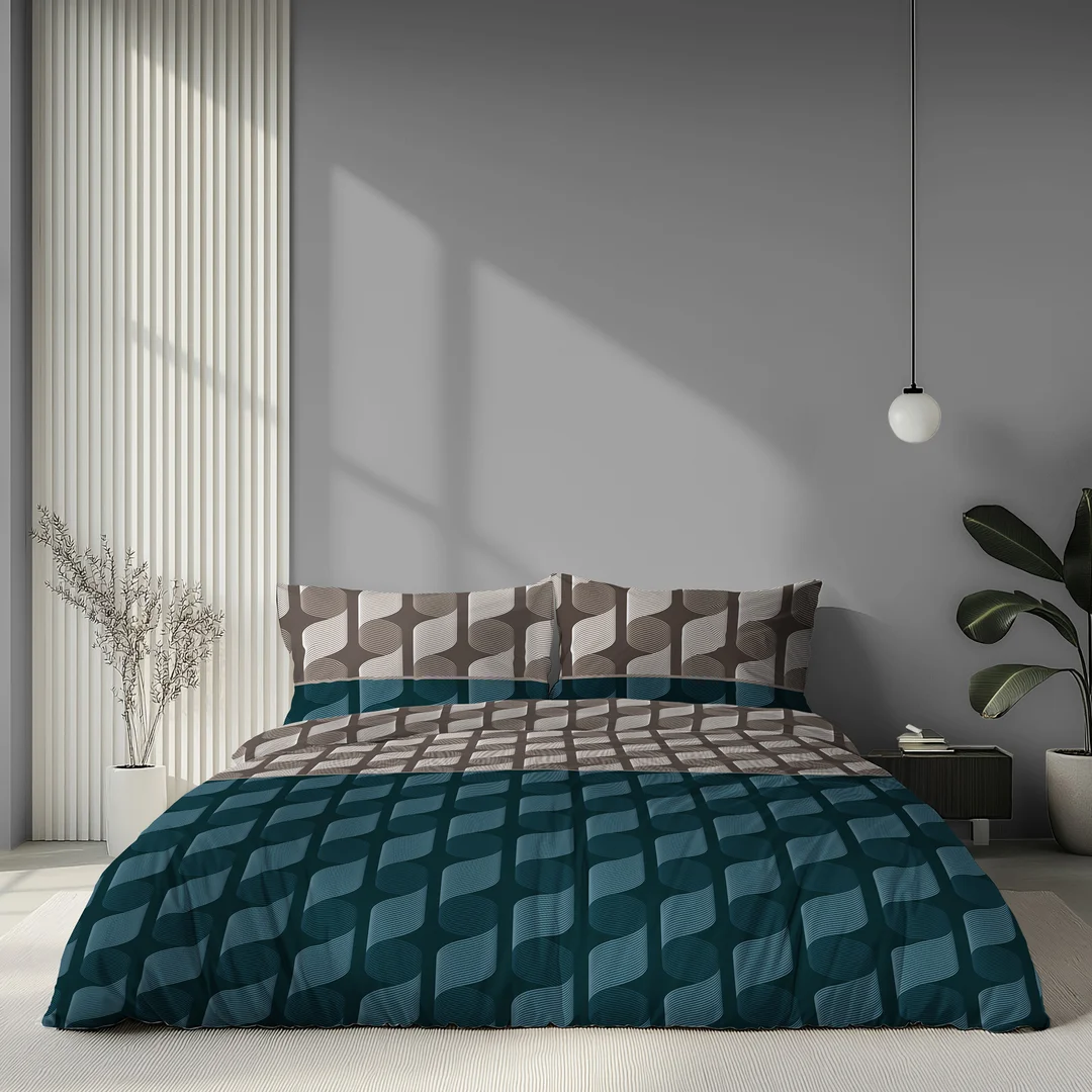 Pościel satynowa 140x200 brązowa turkusowa w geometryczną plecionkę - 6067 A - Home Satin — zdjęcie 4