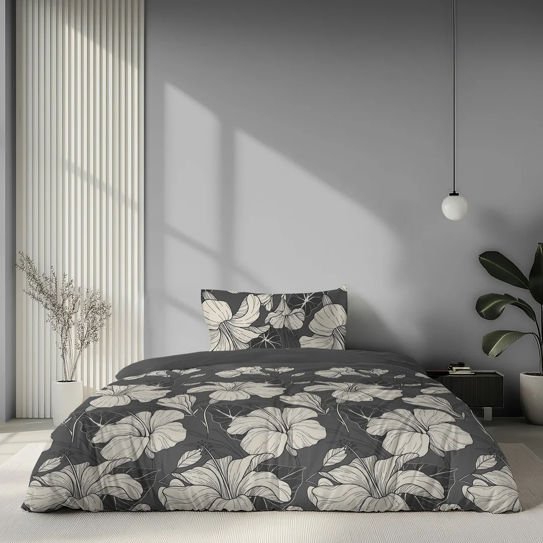 Pościel satynowa 140x200 grafitowa w białe kwiaty - 6062 A - Home Satin — zdjęcie 2